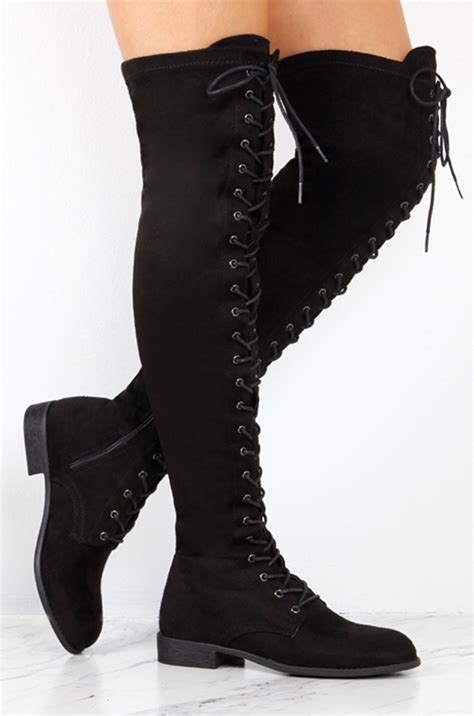 Sexy Lace Up Over Knee Boots Women Boots Flats Shoes Woman Square Heel