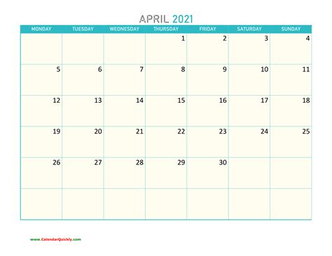 April Monday 2021 Calendar Printable Calendar Quickly