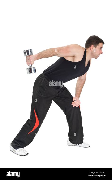Young Man Doing Standing Dumbbell One Arm Triceps Extensions On Fitnes