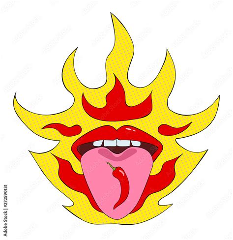 Cartoons Pop Art Red Lips On Fire Background Female Mouth With Spicy