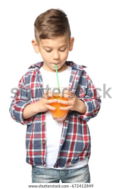 Cute Little Boy Drinking Juice On Stock Photo Edit Now 672412849