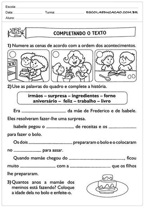 Atividades de Português 2º ano Completando o Texto Atividade de