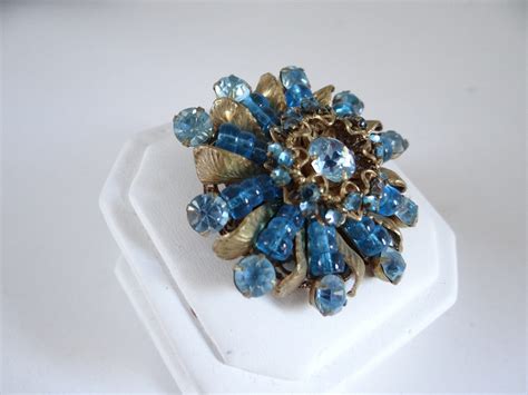Brooch Vintage Signed Miriam Haskell Shades Of Blue Rhinestone And