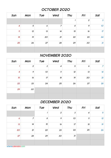 October November December 2020 Calendar Printable Q1 Q2 Q3 Q4