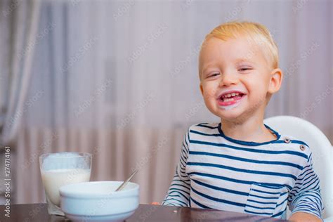 Boy Cute Baby Eating Breakfast Child Eat Porridge Kid Cute Boy Blue
