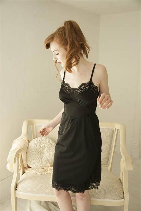 Vintage 1950s Black Nightie Full Slip Dress Nylon Lace Lingerie Vintage
