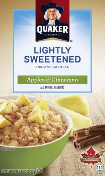 Get full nutrition facts for other quaker products and all your other favorite brands. Quaker Instant Oatmeal Lightly Sweetened Apples & Cinnamon ...