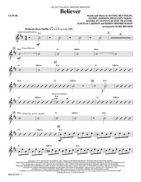 Imagine Dragons Believer Arr Mark Brymer Guitar Sheet Music And