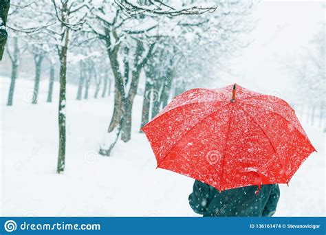Woman With Red Umbrella In Snow Stock Photo Image Of Harmony