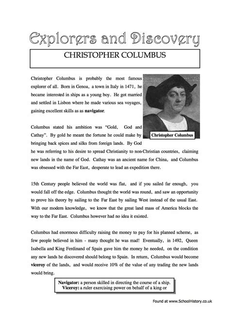 Christopher Columbus Facts And Information Worksheet Year 89