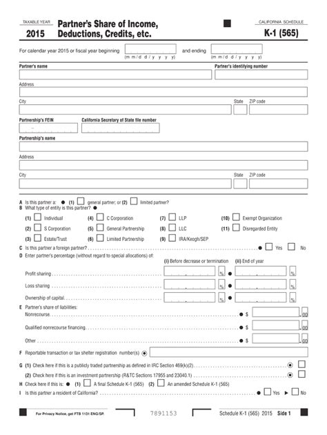 2015 Form Ca Schedule K 1 565 Fill Online Printable Fillable Blank