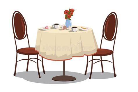 Modern Restaurant Table With Tablecloth Coffe Mugs Flowers And Two