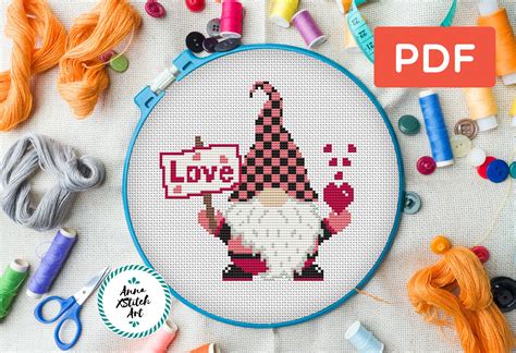 valentines gnome cross stitch pattern pdf love heart cute etsy