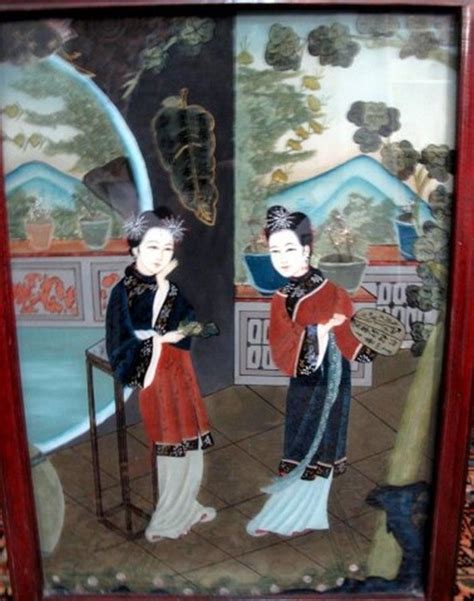 Chinese Reverse Glass Painting Two Ladies In Interior Measures Art Oriental