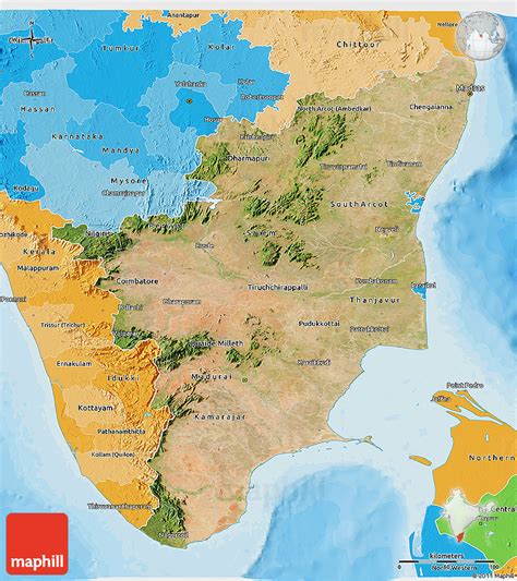 All efforts have been made to make this image accurate. Satellite 3D Map of Tamil Nadu, political shades outside