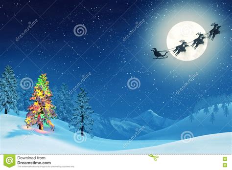 Christmas Tree And Santa In Moonlit Winter Landscape Stock Illustration Illustration Of Night