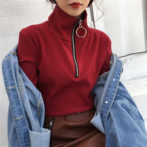 Knitted Zip Up Turtleneck Sweater Fashion Trends 2018 Korean Fashion