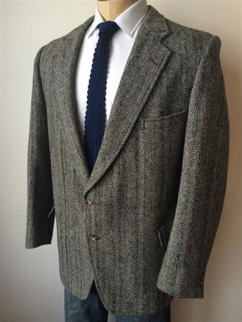 Vintage Mens Harris Tweed Gant Grey Herringbone Wool Jacket