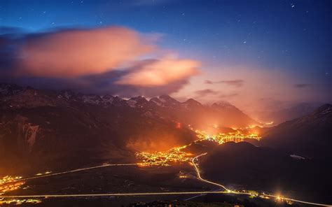 Cityscape City Night Lights Road Mountain Landscape Clouds