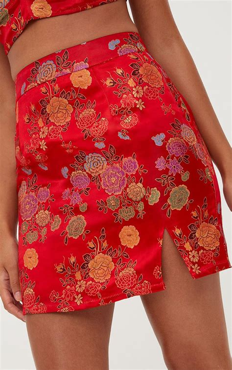 Red Oriental Jacquard Split Mini Skirt Skirts