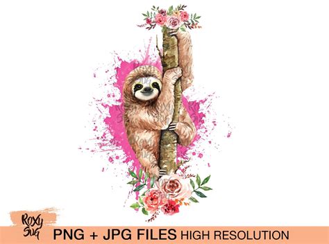 Sloth On Tree With Flowers Sublimation Designs Downloads Etsy Tiere