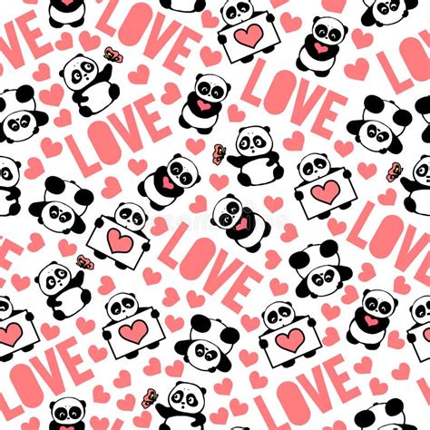 Pink Beautiful And Romantic Hand Drawn Pandas With Hearts Love