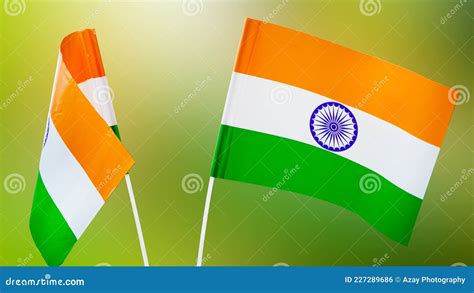 Two Indian Tricolor National Flags In Nature Background Independence
