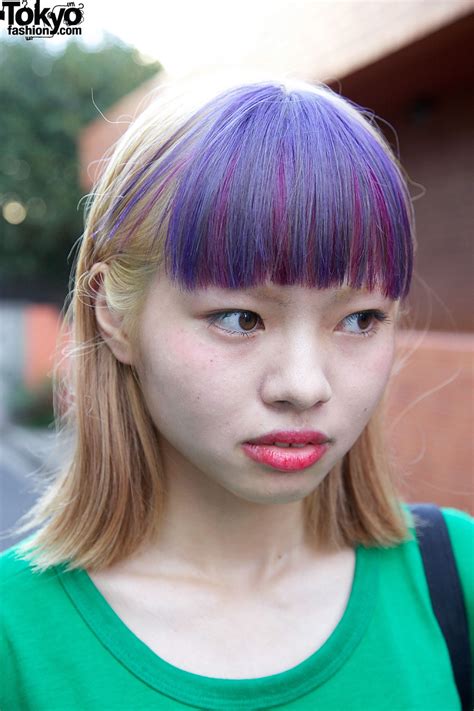 This beautiful hairstyle will keep your hair protected and give a nice face shape with the bangs and bun. Purple Bangs Japanese Hairstyle & Belted T-Shirt Dress in ...