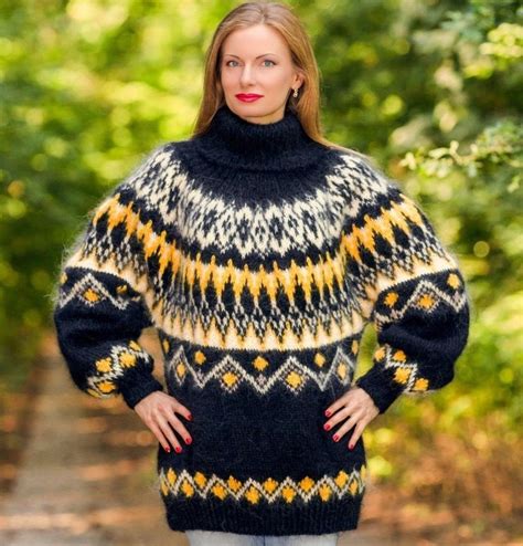 Black Yellow Icelandic Hand Knitted Mohair Sweater Nordic Fuzzy Unique