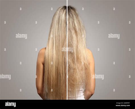 Woman Before And After Hair Treatment On Grey Background Back View