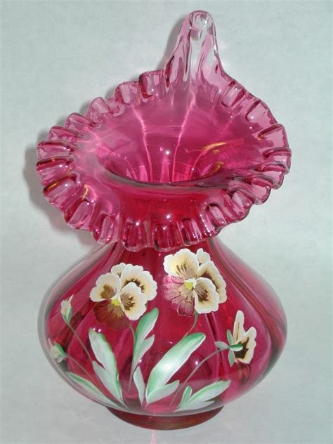 Beautiful Vintage Fenton Cranberry Ruffled Hand Painted Signed Art Vase Pansey Hand Painted