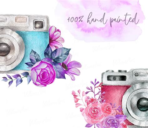 Watercolor Vintage Camera With Flowers Clipart Retro Cameras Png By