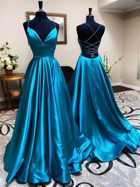 a line v neck backless teal satin long prom dresses open back v neck blue formal graduation