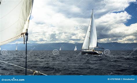 Sailing Yachts With White Sails In Stormy Weather Stock Photo Image