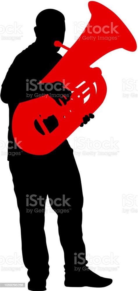 Silhouette Der Musiker Spielt Die Tuba Auf Weißem Hintergrund Stock