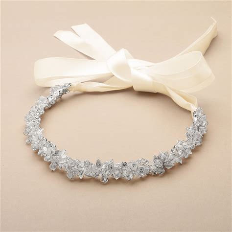 Slender Bridal Headband With Hand Wired Crystal Clusters And Ivory Ribbons Mariell Bridal