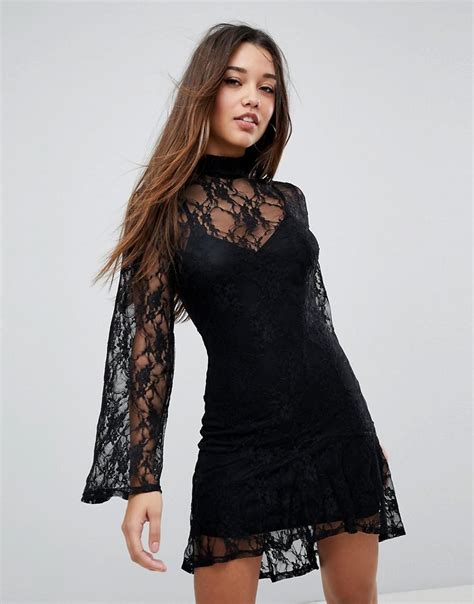 Lyst Missguided High Neck Bell Sleeve Lace Dress In Black