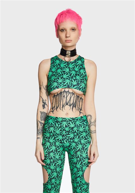 The Lyte Couture Leaf Print Underboob Top Green Black Dolls Kill