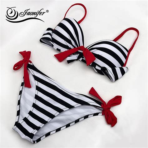 Jaonifer Striped Low Waist Swimsuit Women Patchwork Swimwear Push Up Bikinis Ladies Swimming