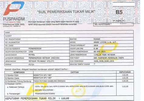 ◾laporan b5 pemeriksaan tukar milik oleh puspakom yang masih sah. Borang Jpj B5