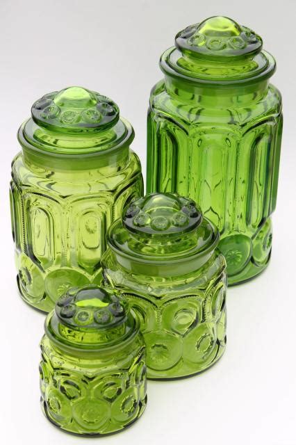 Vintage Moon And Stars Green Glass Canister Set Flour Sugar Coffee