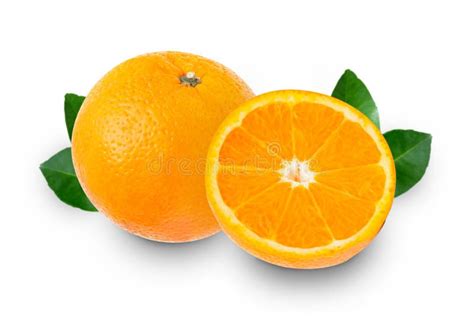 Oranges Fruit With Half Of Orange And Leaves Isolated On White