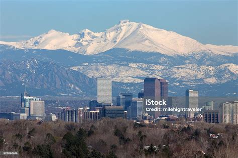 Snowy Longs Peak Rocky Mountains And Downtown Denver Colorado