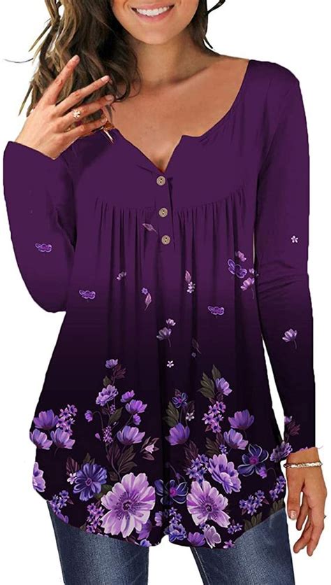 Mayamang Womens Floral Tunic Tops Long Sleeve Henley V Neck Buttons Up