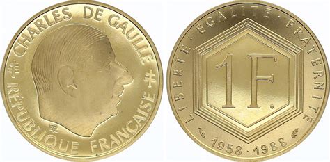Coin France 1 Franc Charles De Gaulle 1958 1988 Gold