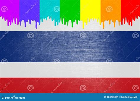 Paint Rainbow Flag Is Dripping Over The National Flag Of Thailand Stock