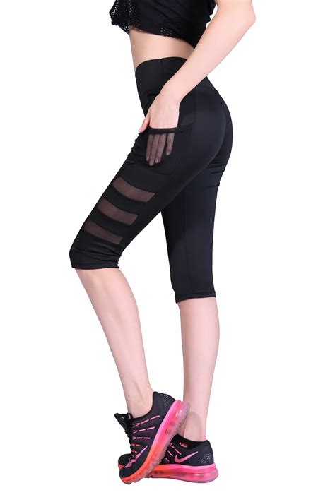quick drying sport leggings gym tights calf length sports pants black sexy mesh leggins sport