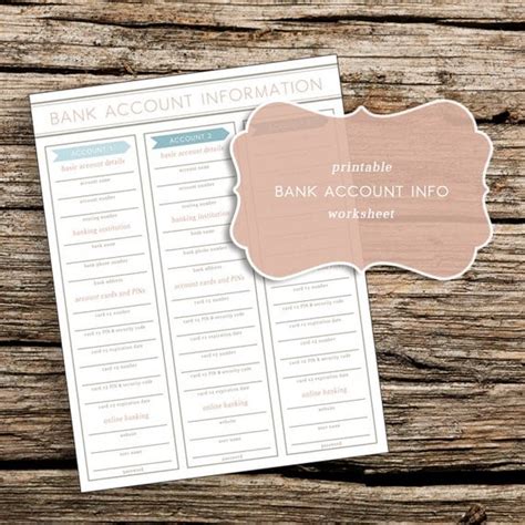 Printable Bank Account Information Worksheet By Trewstudio