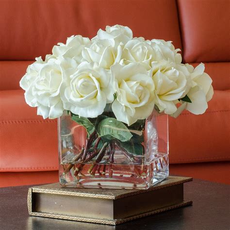 Large White Real Touch Rose Arrangement With Square Glass Vase