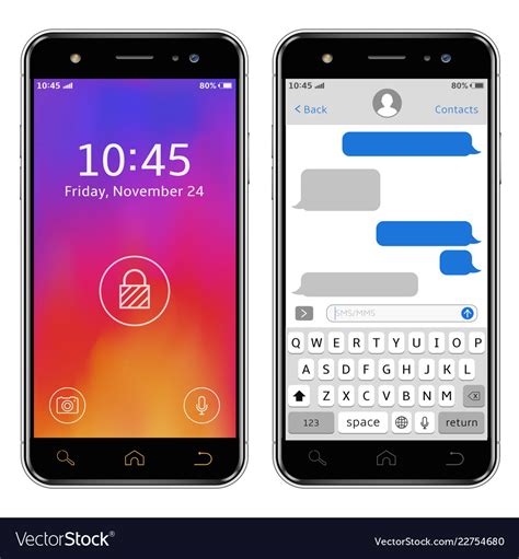 Mobile Phones With Lock Screen And Chatting Sms Vector Image